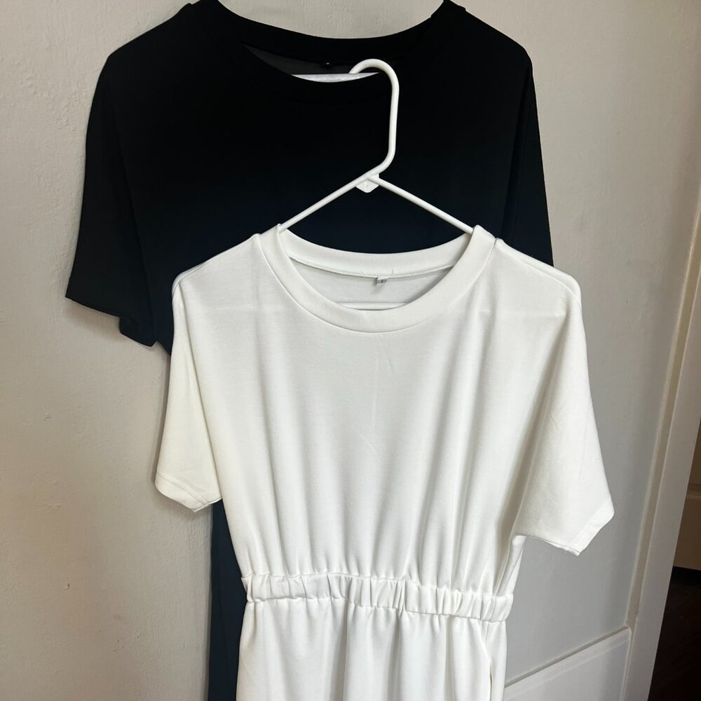 2 Short Sleeve T Shirt Dresses Crew Neck Solid Color Basic Smocked Waist Dress w
